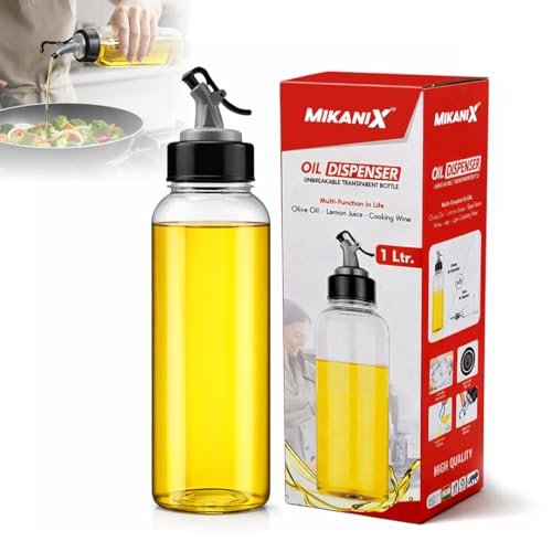 MIKANIX 1000 ML Oil Dispenser Bottle with Pouring Nozzle, Leakproof Plastic Oil Container with Cap, Clear Kitchen Oil Bottle for Cooking, Restaurant & Home Use