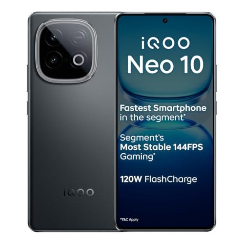 iQOO Neo 10 (Asphalt Black, 12GB RAM, 256GB Storage) | Segment’s Fastest Processor* with Snapdragon 8s Gen 4 & Supercomputing chip Q1 | 120W FlashCharge | Segment’s Brightest AMOLED Display*