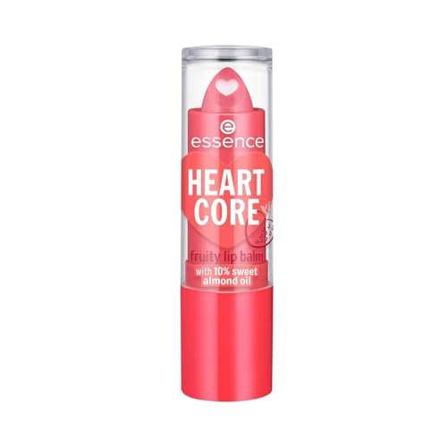 essence HEART CORE fruity lip balm 02 Sweet Strawberry, caring lip balm, soft shine, everyday care, heart-shaped core, 3 g