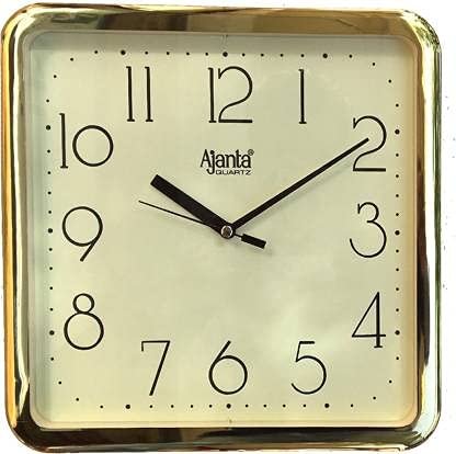 Ajanta Designer Plastic Small Square Battery Operated Wall Clock with Large Numbers (23.9 x 23.9 x 3.2 cm, Quartz, Gold)