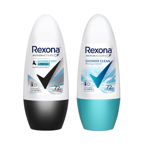Rexona Roll-On Deodorant | Invisible Dry + Shower Clean Motion Activated Deo for Women | up to 72Hr Freshness | 45 ML each