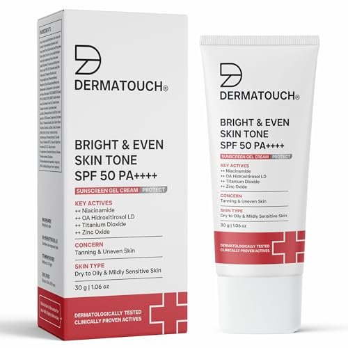 DERMATOUCH Bright & Even Skin Tone SPF 50 PA++++ Sunscreen Gel Cream For Tanning, Uneven Skin Tone & Sun Protection | Suitable For Dry to Oily & Mildly Sensitive Skin | 30g
