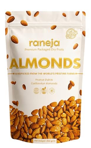 Raneja Pure California Almonds/Badam Whole 250g, 100% Natural Real Nuts, Freshly Cleaned and Cleared, High in Fiber, Badam Giri, Rich in Protein, Magnesium, Phosphorus and Dietary Fibre, Nuts & Dry Fruits(250gm)