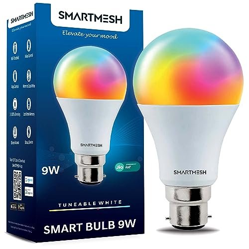 SmartMesh Wi-Fi RGB+CCT Smart LED Bulb Powered by Jio IoT | 9 Watt | Music Sync | Last State Memory | 16 Million Colors | Warm and Cool White | Compatible with Alexa and Google Assistant (Base B22)