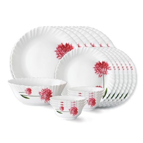 Larah by Borosil Belle Fluted Series Opalware Dinner Set | 19 Pieces for Family of 6 | Microwave & Dishwasher Safe | Bone-Ash Free | Crockery Set for Dining & Gifting | Plates & Bowls | White
