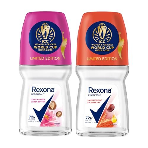 Rexona Lotus Flower & Shea Butter and Sandalwood & Jojoba Oil Antiperspirant Roll-On | for Women | Limited Edition Pack – ICC Women’s Cricket World Cup India 2025 |50 ML (Pack of 2)