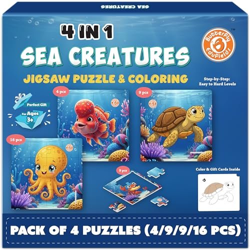 Butterfly EduFields 4-in-1 Sea Creatures Jigsaw Puzzle Set for Kids Age 3-7 | 38 Pcs Brain-Boosting Puzzle Toy with Coloring Worksheets for Boys & Girls | Preschool Learning