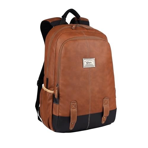 Gear Classic 20L Small Faux Leather Water Resistant Anti Theft 3 Compartment Laptop Backpack/Office Backpack for Men/Women (Tan-Black)
