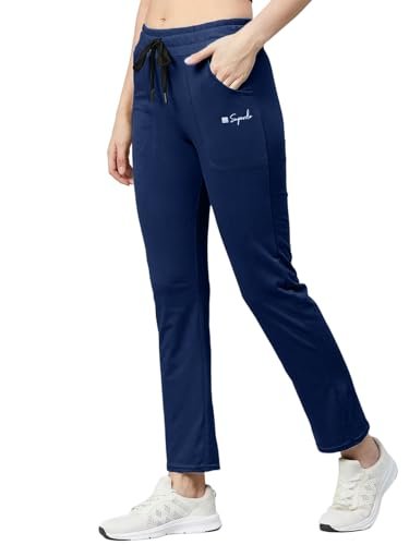 Pinkmint Women Cotton Track Pants with Both Side Pockets | Elastic Waist & Drawstring | Regular Fit | Lounge, Gym & Casual Wear Blue