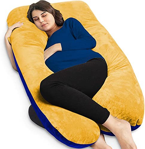 Mom’s Moon U Shape Pregnancy Pillow for Pregnant Women | Full Body Support Maternity Sleeping & Feeding Pillow | Velvet Reversible Comfort Body Pillow for Back, Hip Pain Relief (Gold & Royal Blue)
