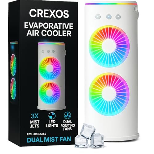 CREXOS 4000mAh Double Ended Spray Cold Air Fan, 2025 New 3 Gears USB Rechargeable LED Light Cooler Touch & Remote Ice Filling Fan Multifunctional Eco-Friendly (WHITE)