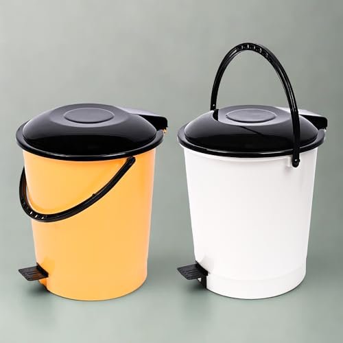 Urbane Home Plastic Pack of 2 Pedal Dustbin With Lid | Garbage Bin With Handle for Kitchen-Bathroom | Wet & Dry Waste Bin | Black Dhakkan Trash Can | 10 LTR | Orange & White