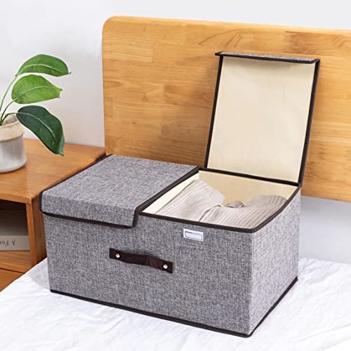 wolpin Storage Basket With Double Lid Stackable Bins Wardrobe Clothes Closet Organizer Foldable Rectangular Drawer Box Storage Bins With Handle, Grey, Oxford Fabric, 35 x 15 x 25 Centimeters