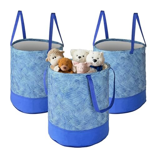 Urbane Home Pack of 3 Foldable 45L Toys Organizer for Kids Room – Soft Toys Storage Bag/Basket/Container with Handles | Wavy Pattern -Blue