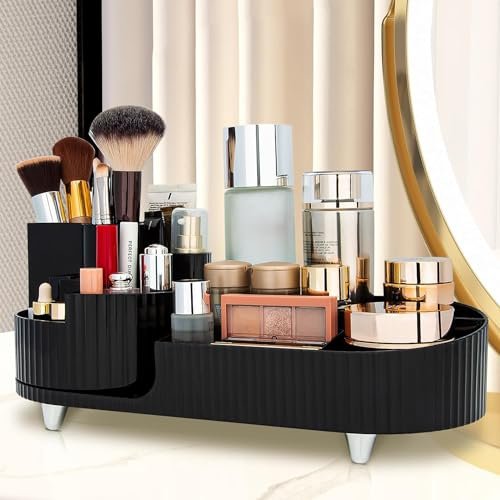 Kesi Rotating Makeup Organizer For Vanity, Large Capacity for Cosmetics 360° Rotating Bathroom Organizer, Cosmetic Perfume Storage Organizer for Dressing Table Countertop Makeup Room (Black)