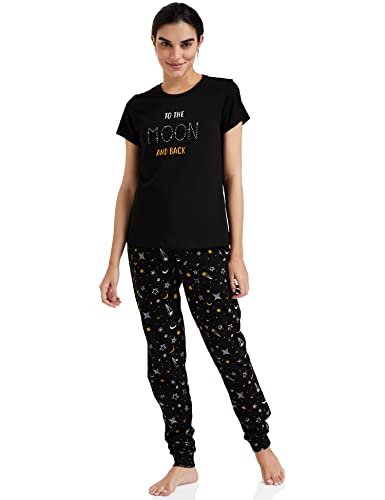 Amazon Brand – Symbol Women’s Cotton T-Shirt and Jogger Night Suit | Two Piece Set| Regular Fit (Available in Plus Sizes) (SLO-02 Cont_Moon Black_2XL)