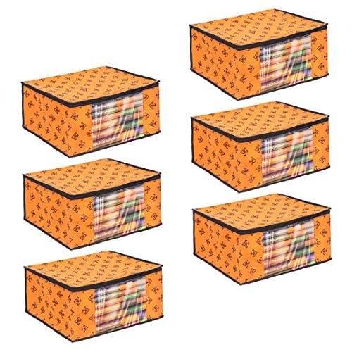 PrettyKrafts Set of 6 Non-Woven Printed Foldable Saree Covers/Wardrobe Organizer With Transparent Window And Zip/Clothes Storage Bag For Women’s Lehenga, Suit Saree & Other Accessories (Orange)