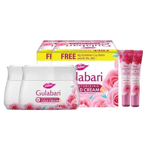 Dabur Gulabari Moisturizing Cold Cream 200gm (100gm x 2) + Gualabari Lip Balm 16gm (8gm x 2) | With Goodness of Natural Rose Oil & Vitamin E | Intense Hydration and Deep Moisturization