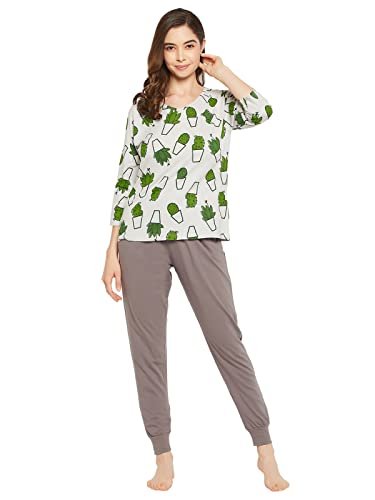 Clovia Women’s Cotton Cactus Print Top& Chic Basic Joggers- (LS0662P01_Grey_L)