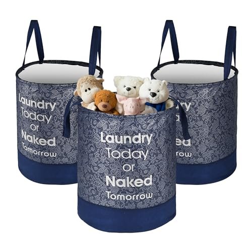 Urbane Home Pack of 3 Foldable 45L Toys Organizer for Kids Room – Soft Toys Storage Bag/Basket/Container with Handles | Leaf Print -Blue