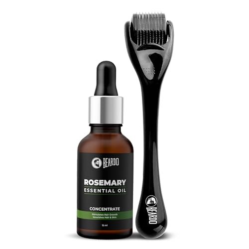 Beardo Rosemary Essential Oil, 15 ml & Derma Roller For Hair Growth 0.5 mm with 540 Chromium Needles | for Hair Growth, Hair fall and Regrowth | Skin Nourishment | 100% Natural | Aroma Oil
