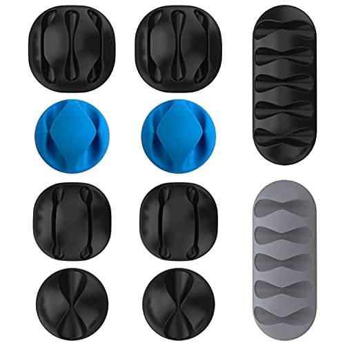 GIZGA Essentials Cable Organizer Holder Clips (Set of 10) – Multipurpose Silicone Cable Protector, Cord & Wire Manager Hooks with Self Adhesive for Desk, Table, TV, PC, Car, Home & Office (Black)
