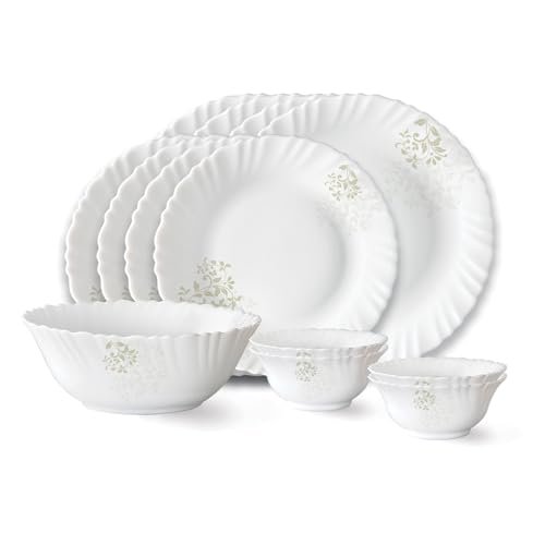 Larah by Borosil Ingot Fluted Series Opalware Dinner Set | 13 Pieces for Family of 4 | Microwave & Dishwasher Safe | Bone-Ash Free | Crockery Set for Dining & Gifting | Plates & Bowls | White