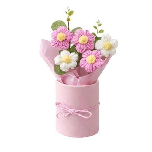 KERIVYUX Handmade Crochet Flower Bouquet with Gift Box – Pink & White Knitted Artificial Floral Arrangement, Hand Woven Yarn Flowers for Desk Decor, Car Decoration, Bedroom, Wedding