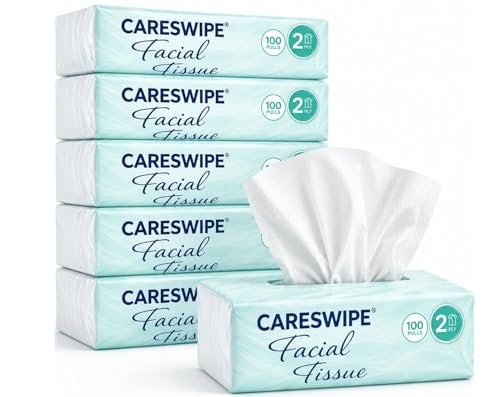 Careswipe 2 Ply Facial Tissue Box 100 Pulls Each Box (200 Sheets) Pack Of 6-600 Pulls Ultra Soft, Highly Absorbent & Skin Friendly Face Tissue Daily Use Tissue Paper for Home & Travel (1200 sheets)