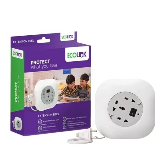 EcoLink Extension Reel 4 Meter | Retractable Cable | Multi-Socket Power Reel | Heavy-Duty Build | Home, Shop & Workshop Use | Pack of 1, White