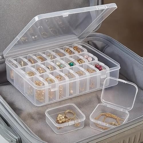 DOMELIXA Transparent Jewellery & Accessories Storage Box with Removable Compartments – Multi-Grid Plastic Organizer Case for Earrings, Beads, Rings, Craft Supplies and Small Items Storage (30 box)