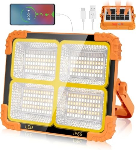 100W Solar LED Work Light, Rechargeable Flood Light with 12000 mAh Battery, USB Power Bank, IP66 Waterproof for Camping, Garage & Emergency