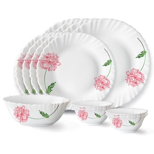 Larah by Borosil Red Mist Fluted Series Opalware Dinner Set | 13 Pieces for Family of 4 | Microwave & Dishwasher Safe | Bone-Ash Free | Crockery Set for Dining & Gifting | Plates & Bowls | White