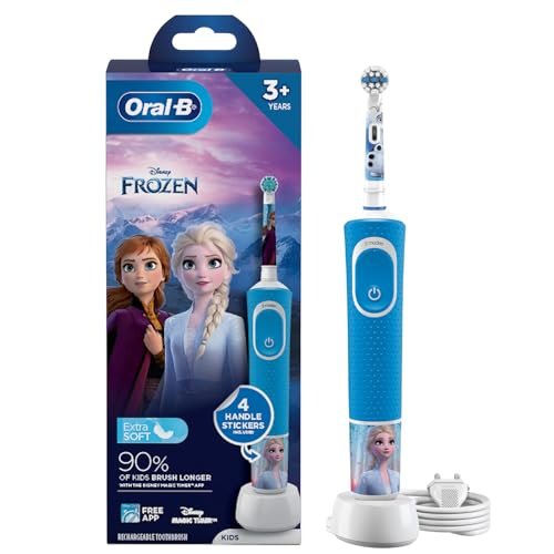 Oral B Kids Frozen Rechargeable Rotating Electric Toothbrush, 2 Brushing Modes (Daily & Sensitive), 2 Min Timer with Quadpacer, 2 Year Warranty, IPX7 Water Resistant, Round Brush Head