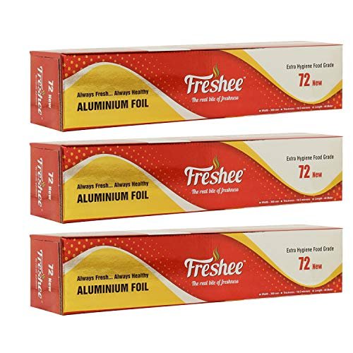 Freshee New Aluminium Silver Kitchen Foil Roll Paper 44 m, 11 Micron Thick Food wrap Disposable Food Parcel for Fresh Food Pack of 3