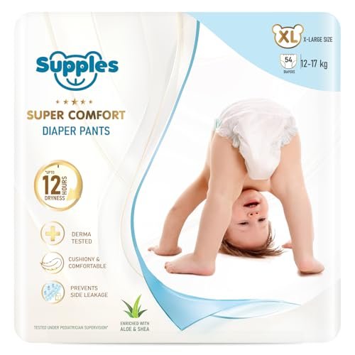 Amazon Brand – Supples Super Comfort Baby Diaper Pants | X-Large (12–17 kg), 54 Count | Dermatologically tested, Ultra-Thin, Soft & Breathable | Wetness Indicator, Anti-Leak, All-Night Absorbency