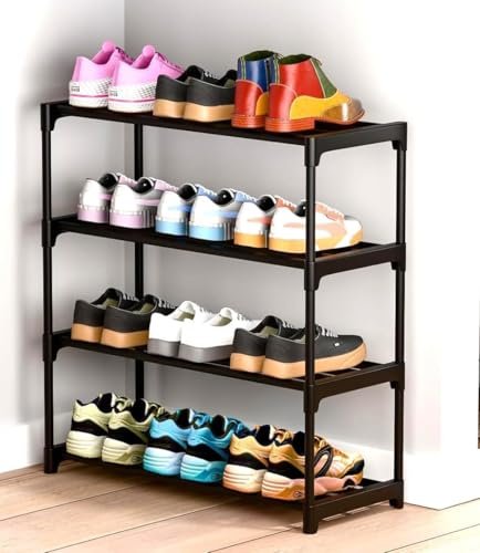 BRINKL Shoe Rack for Home | 4 Tier Plastic Shoe Stand | Multipurpose Foldable & Stackable Shoe Storage Organizer | Lightweight Durable Shoes Rack for Bedroom, Entryway, Hallway Furniture (4 SELF)