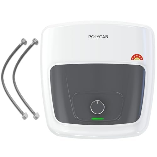 POLYCAB Superia DLX 5-Star 10 Litre Water Heater (Geyser) | Free Connecting Pipe | 7-Year Tank Warranty by POLYCAB | Anti Rust Glass Line Tank, Temperature Control Knob, Shock Resistant【White】【White】