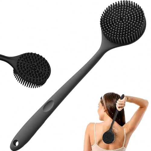 CANDY KARTSoft Silicone Back Scrubber with Long Handle Shower & Bath Flexible Brush with Gentle Bristles for Smooth Skin | Body for Men, Women & Boys for Body Wash & Bathing (Black)