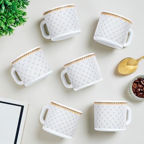 Larah by BOROSIL 100ml x 6pc Opalware Kosmia Tea/Coffee Mug Set, Microwave & Dishwasher Safe Embossed Design Crockery Set Ideal for Daily Use & Gifting