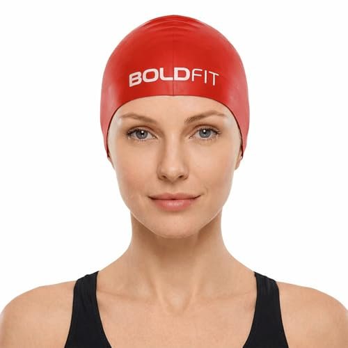 Boldfit Silicone Swimming Cap for Men, Women & Kids – Easy Fit, Long Hair – Red