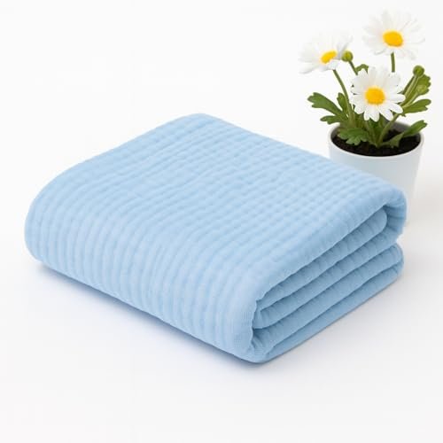 BASEEFY Muslin Baby Bath Towel Newborns Super Soft High Absorbent Cotton 6 Layer Towel Infants Toddlers Kids Boys Girls (105 * 105 CM, Blue)