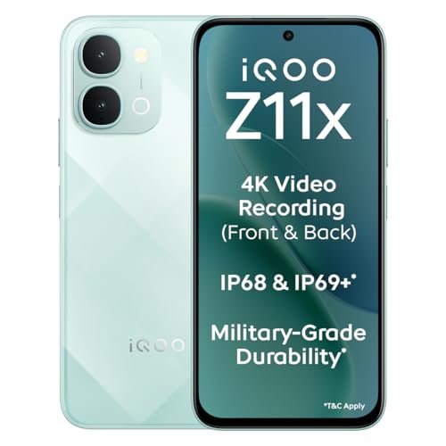 iQOO Z11x 5G (Prismatic Green, 8GB RAM, 128 GB Storage) | Dimensity 7400-Turbo Processor | 7200 mAh Battery | 4K Video Recording Front & Back | IP68 & IP69+ | Powered by OriginOS 6