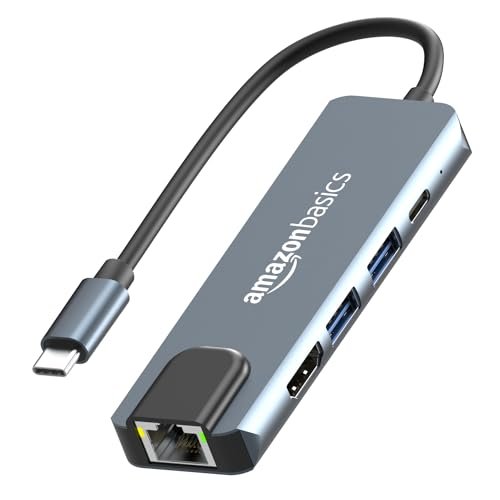 Amazon Basics 5-in-1 Hub Multiport Adapter, USB Type-C with Aluminium Shell, 100Mbps Ethernet Port, HDMI 4K, 1xUSB 3.0, 1xUSB 2.0, 100Mbps Ethernet, 100W Charging for MacBook, DELL & Type C Devices