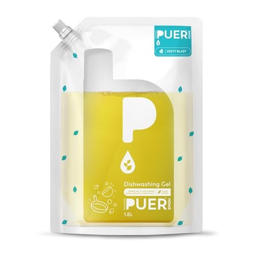 PUER Dishwashing Gel Zesty Blast 1800ml Refill Pouch | Tough Grease Removal with Toxic Free Ingredients | Controls Odour with No Residue & Active Salts