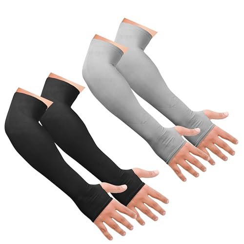 SNMMIFER UV Protection Arm Sleeves with Thumb Holes, Nylon Sun Protection Hand Cover for Running and Cycling, Unisex (2 Pair-Black And Grey)