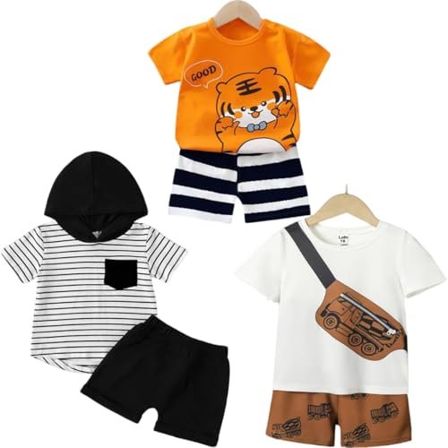 LOFN Cotton Clothing Sets for Baby Boys & Baby Girls Printed Kids Clothing Sets – Unisex Clothing sets Half sleeve T-Shirt & Shorts Pack Of 3 (T84OR-T70WH-16-T83CP)