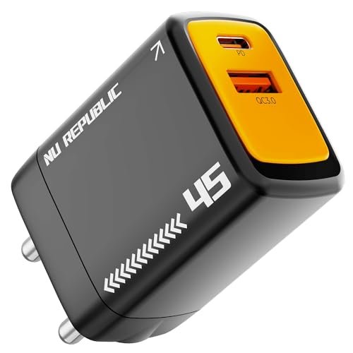 Nu Republic Cybotron GO 45W GaN Wall Charger, Dual Port USB-C PD & USB-A QC3.0, PowerBlitz Fast Charging for Smartphones, Tablets & Laptops (Black)
