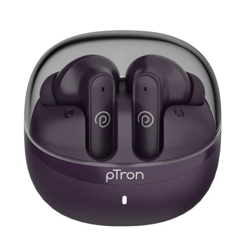 pTron Bassbuds Indie in-Ear TWS Earbuds w/ 10mm Drivers, 45Hrs Playtime, Dual HD Mic & AI-ENC Calls, Custom EQ, Mobile App, BTv5.4 Earphones, Voice Assistant, Type C Charging & IPX5 (Plum Perfect)