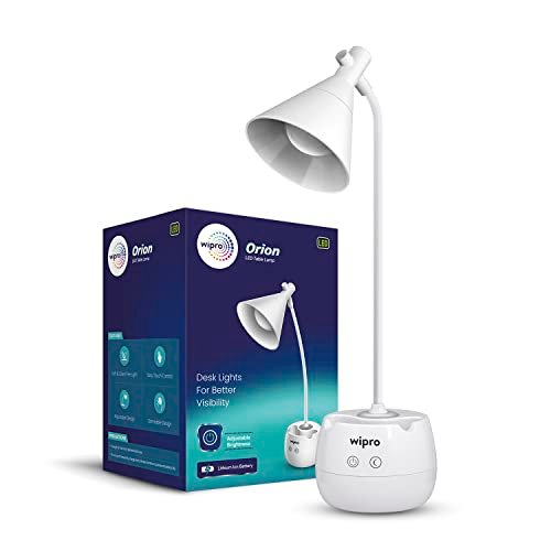 wipro Orion 6w Rechargeable LED Table Lamp |3 Grade Dimming with Night Light |Adjustable Desk Lamp for Study |Mobile Holder |with Pen Stand | Li-Ion Battery, ABS, White (Pack of 1)